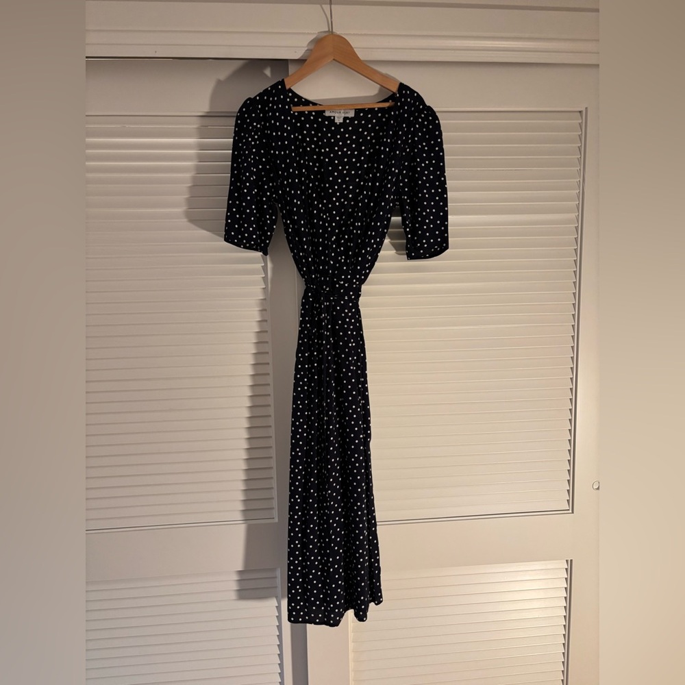 Amour Vert Navy and White Polka Dot Wrap Dress